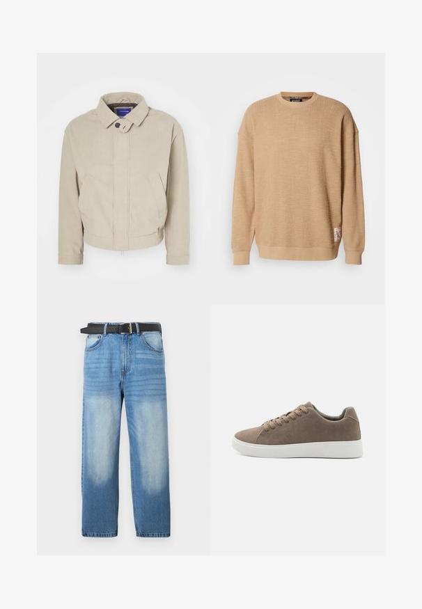Beige Cordjacke mit Kragen, Knopfverschluss und frontalen Taschen; zeichnet sich durch einen strukturierten Stoff und einen cropped Saum aus.; Scotch & Soda TEXTURED - Sweatshirt - tannin; Hellblaue Denim-Jeans mit geradem Bein, ausgestattet mit einem schwarzen Gürtel, ausgewaschenen Stellen und subtiler diagonaler Textur im oberen Bereich.; Braune Wildledersneaker mit flachen weißen Gummisohlen, Schnürdesign, abgerundete Zehen und einer glatten Textur. Minimalistischer Stil mit dezenten Nähdetails.