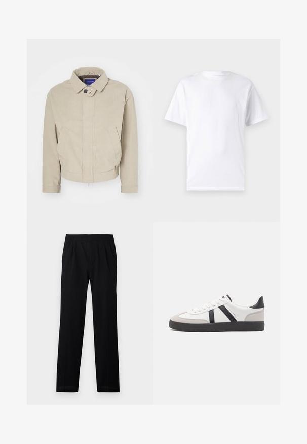 Beige Cordjacke mit Kragen, Knopfverschluss und frontalen Taschen; zeichnet sich durch einen strukturierten Stoff und einen cropped Saum aus.; Weißes kurzärmeliges T-Shirt aus Baumwolle mit Rundhalsausschnitt, das eine glatte Textur und ein einfaches Design ohne Muster oder Akzente aufweist.; Schwarze Hose mit elastischem Bund, geraden Beinen und dezenten Falten. Glatte Textur und leichtes Material. Keine sichtbaren Muster.; Weiße Sneaker mit schwarz- und grau-aczenten, ausgestattet mit einer strukturierten grauen Zehenkappe, schwarzer Gummi-Sohle und flachen weißen Schnürsenkeln. Sauberes Design, minimalistische Stil.