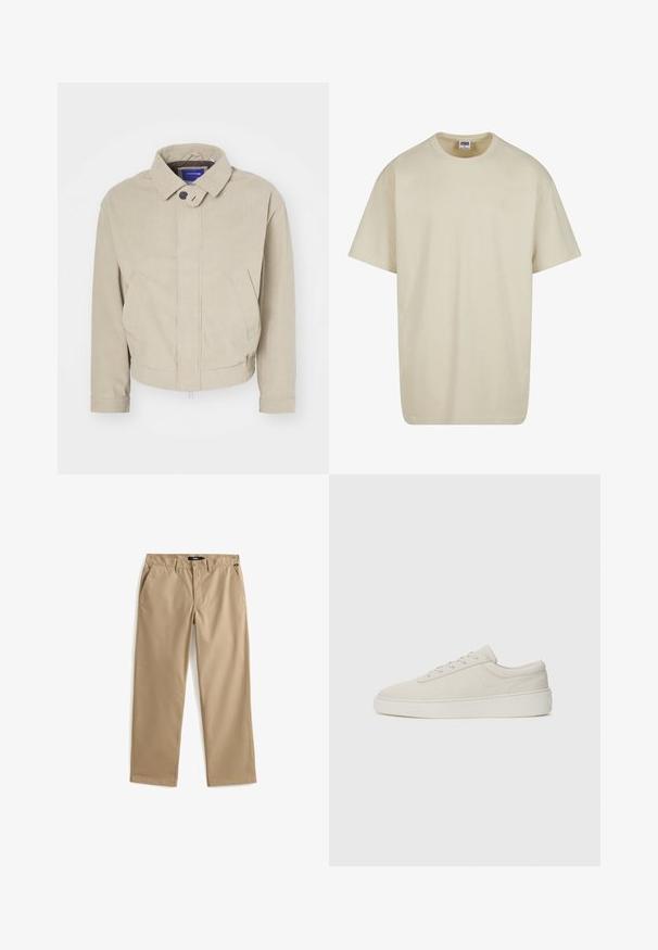 Beige corduroy jas met een kraag, knoopsluiting en voorzakken; heeft een gestructureerde stof en een cropped zoom.; Lichtbeige katoenen T-shirt met korte mouwen, een ronde hals en een losse pasvorm. De stof oogt glad zonder zichtbare patronen of accenten.; Beige recht gesneden chino's van lichtgewicht katoen. Voorzien van twee voorzakken en een knoopsluiting. Gladde textuur, minimale details.; Beige sneakers met een zachte suede afwerking, ronde neus en platte rubberen zool. Beschikt over vetersluiting en een minimalistisch ontwerp met subtiele stiksels.