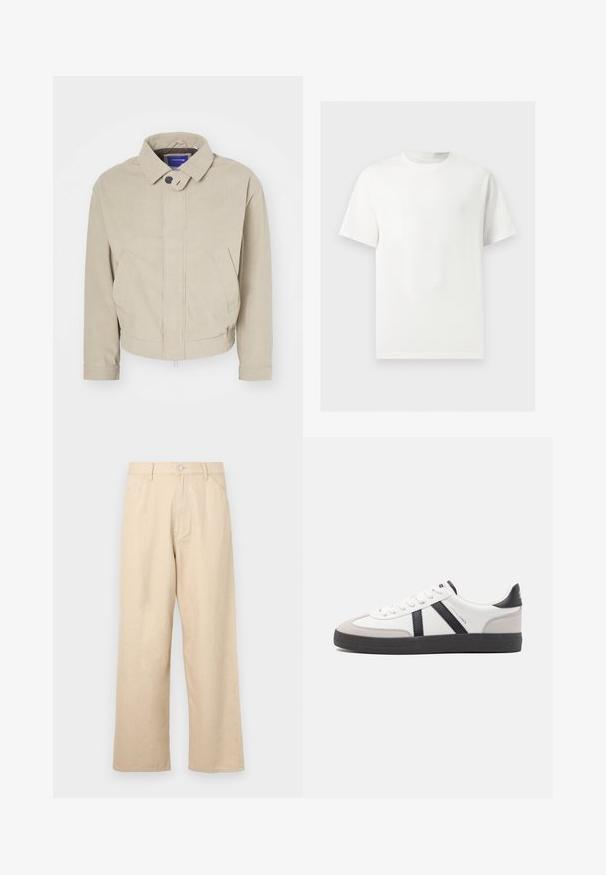 Beige Cordjacke mit Kragen, Knopfverschluss und frontalen Taschen; zeichnet sich durch einen strukturierten Stoff und einen cropped Saum aus.; Ein einfaches weißes T-Shirt mit kurzen Ärmeln und Rundhalsausschnitt, dargestellt auf einem hellgrauen Hintergrund.; Beige weit geschnittene Jeans aus Denim mit strukturierter Oberfläche, die über einen vorderen Knopfverschluss und ein klassisches Fünf-Taschen-Design verfügen.; Weiße Sneaker mit schwarz- und grau-aczenten, ausgestattet mit einer strukturierten grauen Zehenkappe, schwarzer Gummi-Sohle und flachen weißen Schnürsenkeln. Sauberes Design, minimalistische Stil.
