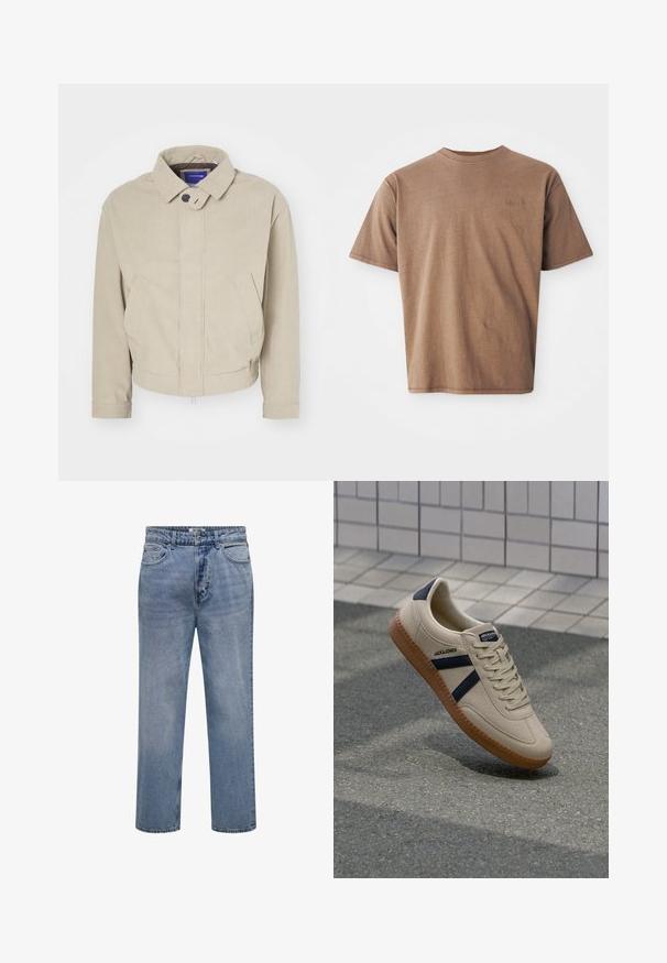 Beige Cordjacke mit Kragen, Knopfverschluss und frontalen Taschen; zeichnet sich durch einen strukturierten Stoff und einen cropped Saum aus.; Braunes Baumwoll-T-Shirt mit Rundhalsausschnitt, kurzen Ärmeln und einem dezenten gestickten Logo auf der linken Brustseite. Glatte Textur, lockerer Schnitt.; Hellblaue Jeans mit geradem Bein, Knopf- und Reißverschluss sowie vorderen und hinteren Taschen.; Beige Sneaker mit strukturierter Oberfläche, dunkelblauen Streifen und Gummisohle. Verfügt über eine gepolsterte Zunge und ein traditionelles Schnürsystem für einen sicheren Sitz.