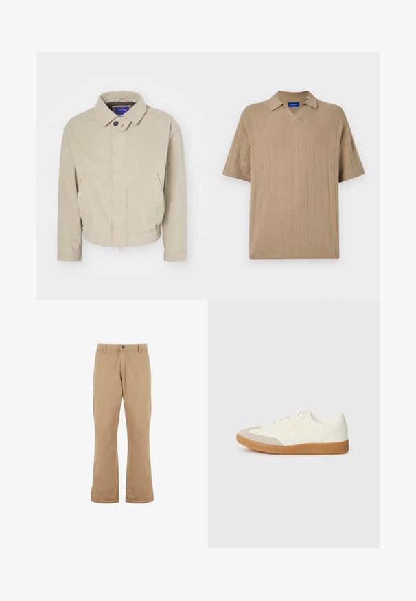 Beige Cordjacke mit Kragen, Knopfverschluss und frontalen Taschen; zeichnet sich durch einen strukturierten Stoff und einen cropped Saum aus.; Jack & Jones Knitted Plain Knitted - Poloshirt - silver sage; Beige Baumwollhosen mit geradem Schnitt, ausgestattet mit einem Knopfverschluss, Vordertaschen und einer glatten Textur.; Sneaker aus weißem Leder mit einer beigen Zehenkappe und leichter brauner Gummisohle. Verfügt über flache weiße Schnürsenkel und geprägtes Branding an der Seite.