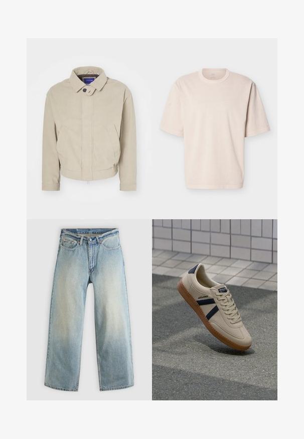 Beige Cordjacke mit Kragen, Knopfverschluss und frontalen Taschen; zeichnet sich durch einen strukturierten Stoff und einen cropped Saum aus.; Beige übergroßes Kurzarm-T-Shirt mit Rundhalsausschnitt und einfacher Naht, flach auf weißem Hintergrund präsentiert.; Hellblaue, weit geschnittene Jeans aus Denim mit verblasstem Finish. Verfügen über ein standardmäßiges Design mit fünf Taschen und Metallknopfverschluss.; Beige Sneaker mit strukturierter Oberfläche, dunkelblauen Streifen und Gummisohle. Verfügt über eine gepolsterte Zunge und ein traditionelles Schnürsystem für einen sicheren Sitz.