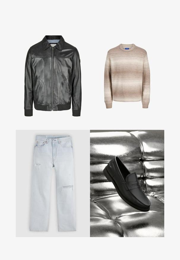 Chaqueta de cuero negra con cierre frontal, cuello puntiagudo y puños acanalados. Presenta dos bolsillos laterales y una textura suave.; Suéter de punto ombré en tonos beige y crema con mangas largas, puños y dobladillo acanalados, cuello redondo, etiqueta de Jack & Jones en el interior del cuello.; Jeans de denim azul claro con corte recto, presentando detalles desgastados y áreas deshilachadas. Diseño estándar de cinco bolsillos con remaches de metal.; Mocasines de cuero negro con una textura suave, que presentan detalles de costura y un diseño clásico, mostrados sobre un fondo metálico y brillante.