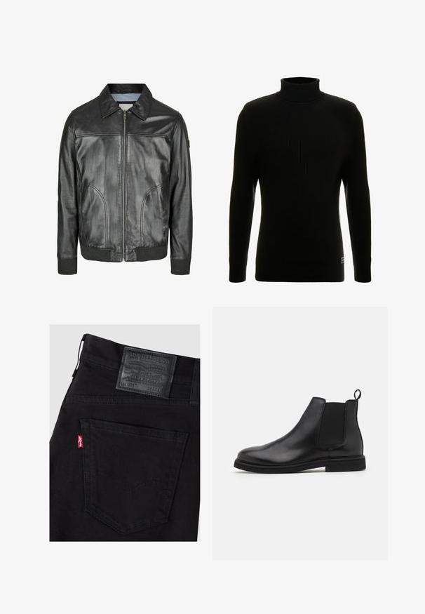 Veste en cuir noir avec fermeture éclair à l'avant, col pointu et poignets côtelés. Comprend deux poches latérales et une texture lisse.; Pull à col roulé noir avec des manches longues, texture côtelée, silhouette ajustée et petite étiquette de marque en bas à gauche.; Jean Levi's noir montrant la poche arrière droite avec une étiquette rouge Levi's et un patch en cuir noir de la marque indiquant la taille W32 L.; Bottines Chelsea en cuir noir avec panneaux élastiques sur les côtés et une languette. Bout arrondi et semelle en caoutchouc plate, mettant en valeur une finition lisse.