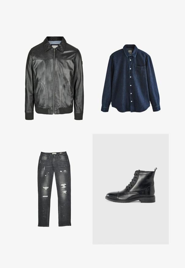 Zwarte leren jas met een ritssluiting aan de voorkant, een puntige kraag en geribde manchetten. Beschikt over twee zijzakken en een gladde textuur.; Donkerblauw denim overhemd met lange mouwen, knopen, kraag en één borstzak, getoond tegen een witte achtergrond.; Zwarte spijkerbroek van denim met een rechte pasvorm, voorzien van versleten details, rafelige scheuren en lichte spetters verf door de stof heen.; Zwarte leren enkellaars met een ronde neus, zes oogjes voor vetersluiting, textuurafwerking en een lage blokhak.