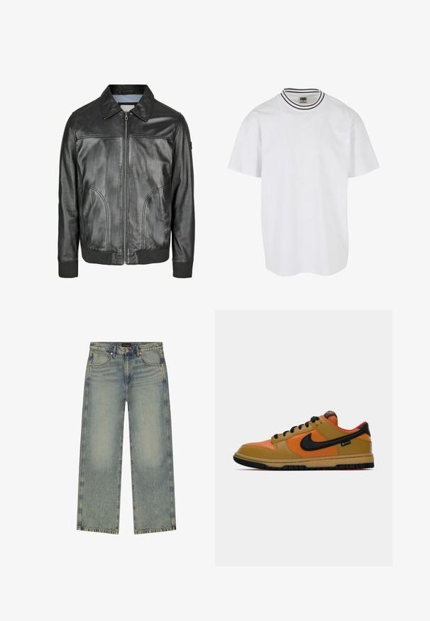 Zwarte leren jas met een ritssluiting aan de voorkant, een puntige kraag en geribde manchetten. Beschikt over twee zijzakken en een gladde textuur.; Witte katoenen t-shirt met een ronde halslijn en een zwart-wit gestreepte geribbelde kraag. Korte mouwen en een relaxte pasvorm.; Heren Wrangler rechte blauwe spijkerbroek met vervaagde details, koperen klinknagels en vijfzakkenstijl op een witte achtergrond.; Nike sneakers hebben een combinatie van tan, oranje en zwarte materialen, met een laag ontwerp, ronde neus en rubberen zool. Inclusief een GORE-TEX-label.