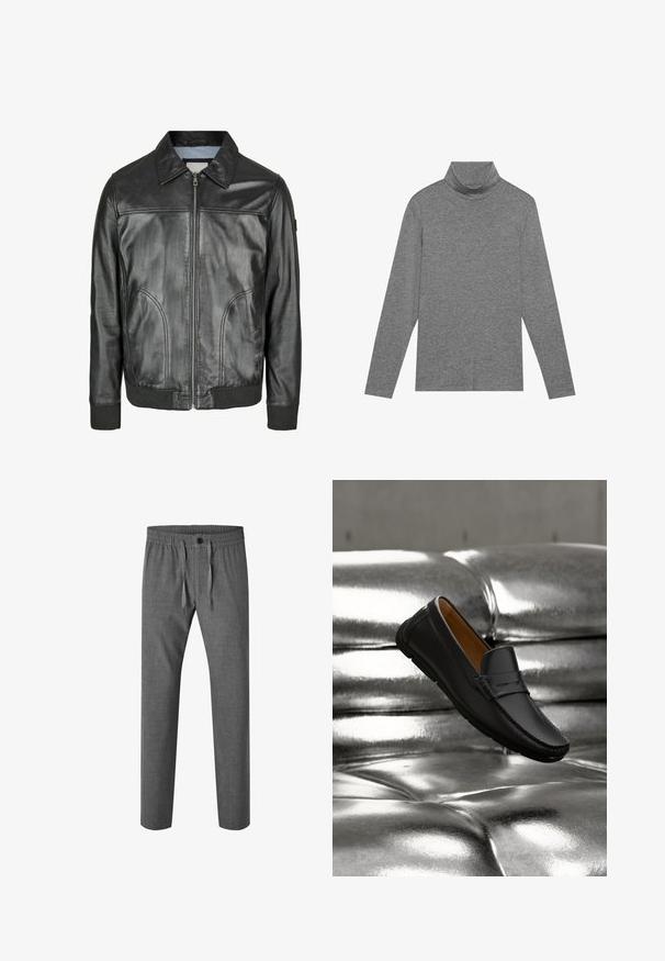 Veste en cuir noir avec fermeture éclair à l'avant, col pointu et poignets côtelés. Comprend deux poches latérales et une texture lisse.; Pull à col cheminée gris à manches longues fabriqué en tissu doux. Caractérisé par un col haut et des manches ajustées, avec une texture lisse et un design épuré.; Pantalon gris à jambe droite avec taille élastique, fermeture par bouton et cordon, en tissu texturé.; Mocassin en cuir noir flottant au-dessus d’un canapé en cuir argenté brillant capitonné avec un éclairage doux.