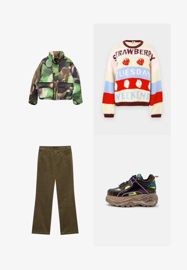 Veste matelassée avec un motif abstrait aux couleurs vert, marron et violet. Dispose d'un col montant, d'une fermeture éclair frontale et de deux grandes poches avant.; Pull en maille avec rayures multicolores en crème, rouge et bleu, orné de motifs de fruits et de textes indiquant "FRAISE", "MARDI" et "WEEK-END".; Pantalons en velours côtelé vert olive évasés avec cinq poches, coutures visibles et fermeture à bouton à la taille pour un maintien sûr.; Basket épaisse avec semelle beige épaisse, dessus métallique violet et marron, accents vert néon, lacets noirs et col de talon à motif bleu.