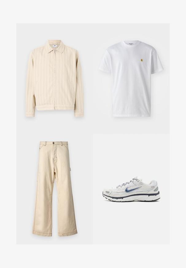 Beige μπουφάν με φερμουάρ και κατακόρυφες ανοιχτό μπλε ρίγες. Διαθέτει γιακά, δύο πλαϊνές τσέπες και ευθεία τελείωματα. Φτιαγμένο από βαμβακερό ύφασμα.; Λευκό βαμβακερό T-shirt με κοντά μανίκια, κλασική λαιμόκοψη, που διαθέτει ένα μικρό χρυσό λογότυπο στην αριστερή περιοχή του στήθους. Μαλακή υφή και κανονική εφαρμογή.; Μπεζ παντελόνι με φαρδιά στρίφωμα, φτιαγμένο από βαμβάκι, με κλείσιμο φερμουάρ και κουμπί, που διαθέτει αντίθετο ράψιμο και πλαϊνές τσέπες.; Nike Sportswear P 6000 - Αθλητικά παπούτσια - phantom/obsidian/summit white/white/black/metallic silver