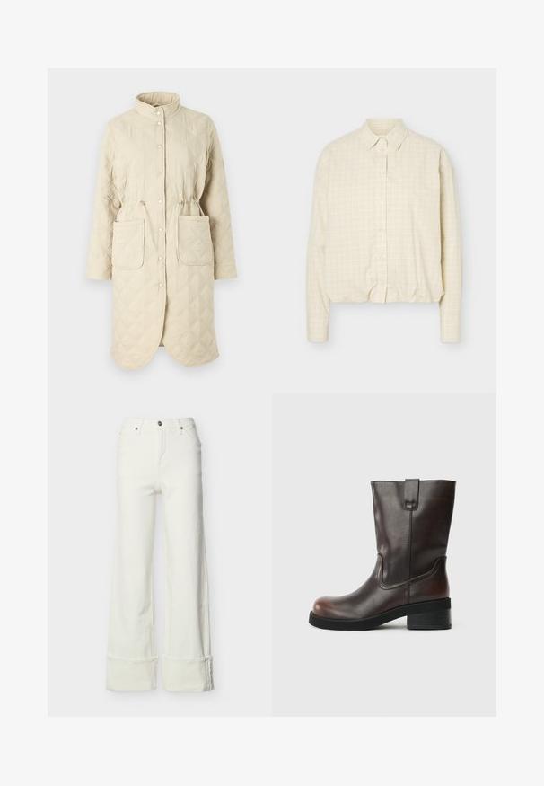 Abrigo acolchado beige con cuello alto, botones a presión, cintura ajustable con cordón y dos bolsillos frontales, presentando un patrón de rombos en la tela.; Camisa beige de manga larga con patrón de cuadrícula fina, cuello estándar y puños ajustados.; Jeans blancos de pierna ancha con cintura alta, botón y cremallera al frente, trabillas para cinturón, bolsillos delanteros y traseros, y dobladillos doblados.; Bota de cuero marrón hasta el tobillo con punta redondeada, tacón bloque de altura media y sutiles detalles de costura. Presenta una pestaña lateral para facilitar el uso.