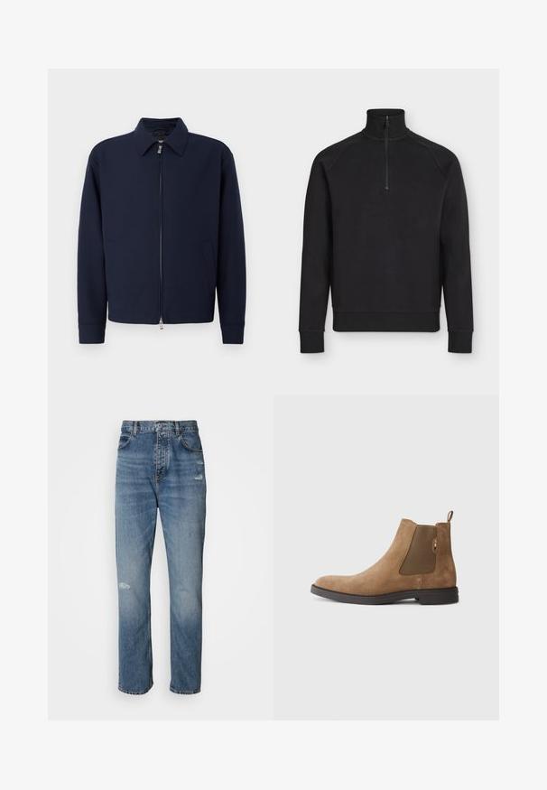 Mørkeblå zip-jakke med krave, lange ærmer, to sidelommer og sølvfarvet lynlås lukning på en ensfarvet hvid baggrund.; Sort langærmet pullover med høj ribbet krave og front halvlukning med lynlås, ribbet manchetter og diskret logo på brystet.; Lyseblå denim jeans med lige ben-design, der har en knap- og lynlåslukning, fem lommer og slidte detaljer ved knæet.; Brune ruskinds Chelsea-støvle med elastiske sidepaneler og en hulsløjfe. Har en rund tå og en flad gummisål for stabilitet.