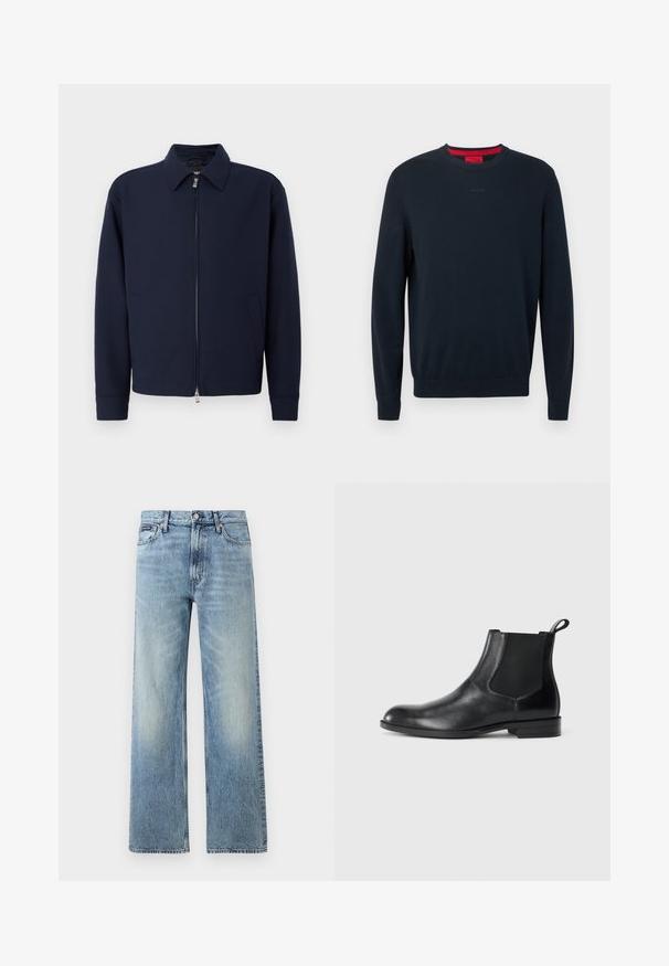 Mørkeblå zip-jakke med krave, lange ærmer, to sidelommer og sølvfarvet lynlås lukning på en ensfarvet hvid baggrund.; Mørkeblå sweater med rund hals i blødt stof. Har lange ærmer, ribbede manchetter og et lille præget logo foran.; Lyseblå denim jeans med lige ben, højt talje, fem lommer, knaplukning og diskrete falmede områder på lår og knæ.; Sorte læder ankelstøvler med elastiske sidepaneler, rund tå og en trækloft. Glat tekstur, flad sål, minimalistisk design.