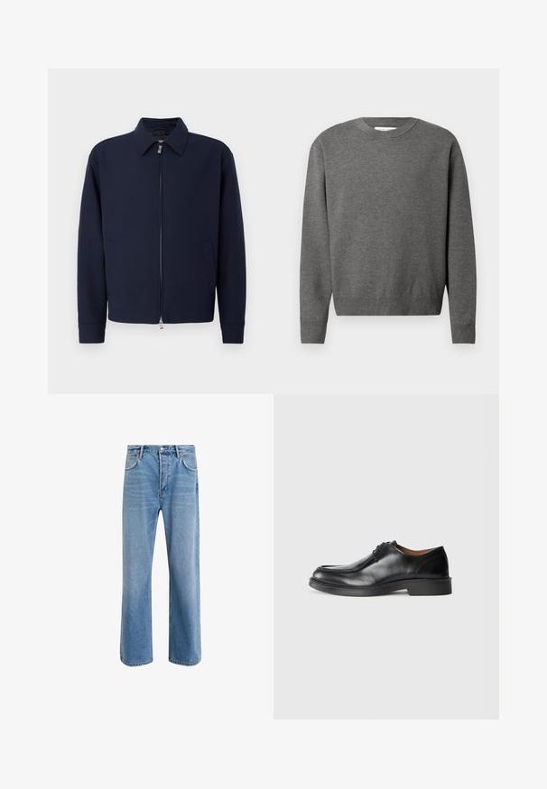 Námornícka modrá bunda na zips s golierom, dlhými rukávmi, dvoma bočnými vreckami a strieborným zipsom na čistom bielom pozadí.; Sivý pulóver s crewneck výstrihom vyrobený z mäkkej pleteniny. Má dlhé rukávy a rebrované manžety a spodný lem. Minimalistický dizajn bez viditeľných log. ; Svetlo modré denimové džínsy so strihom rovného nohu, päť vreciek, zapínanie na gombík, minimálne vyblednutie a kontrastné švy.; Čierne kožené spoločenské topánky s округlým špičkou, hladkým povrchom, šnúrkovými detailmi a nízkou, textúrovanou gumovou podrážkou. Čisté línie a minimalistický dizajn.