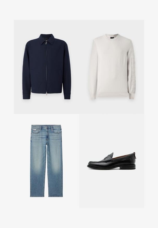 Marineblauwe ritsjack met kraag, lange mouwen, twee zijzakken en zilveren ritsluiting op een effen witte achtergrond.; Lichtgrijze gebreide trui met ronde halslijn en long sleeves. Heeft verhoging van het logo tekst langs de linkermouw. Zachte textuur, ribbelige manchetten.; Lichtblauwe recht gesneden spijkerbroek met vervaagde details, voorste knoop en rits, en een ontwerp met vijf zakken inclusief een klein Calvin Klein-label op de zak.; Zwarte leren herensloffen met moc toe stiksel, pennyriem, gestructureerde kraag en lage gestapelde hak op witte achtergrond.