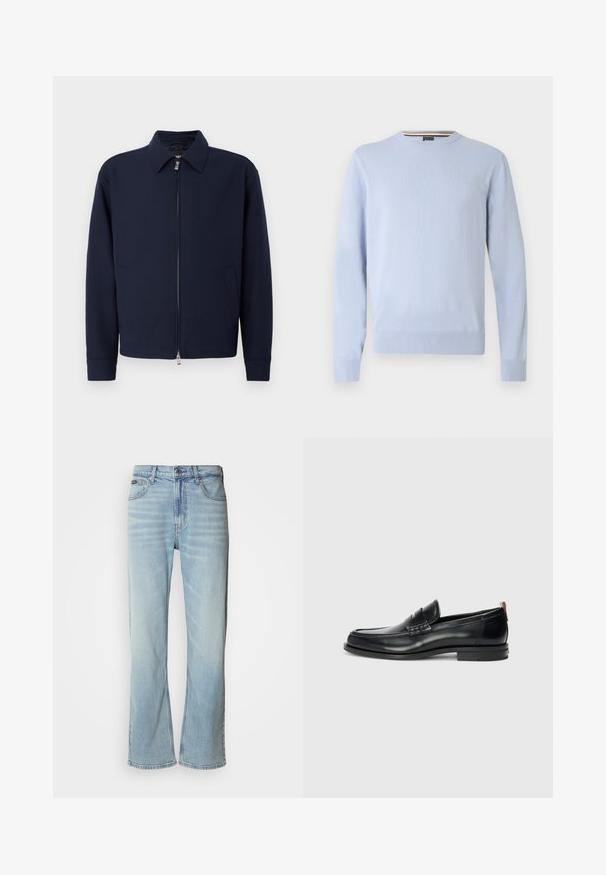 Marineblauwe ritsjack met kraag, lange mouwen, twee zijzakken en zilveren ritsluiting op een effen witte achtergrond.; Lichtblauwe trui, ronde hals, lange mouwen, geribbelde manchetten en zoom, met een klein logo op de borst, gemaakt van zachte gebreide stof.; Lichtblauwe denim jeans met een rechte pijp, voorzien van vijf zakken, een knoopsluiting en subtiele vervaging op de stof.; Zwarte leren loafers met een slank ontwerp, ronde neus, gestructureerd accent op de wreef en een rubberen zool voor grip. Inclusief trekstrip aan de achterkant.