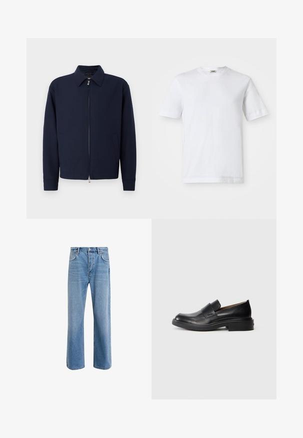 Mørkeblå zip-jakke med krave, lange ærmer, to sidelommer og sølvfarvet lynlås lukning på en ensfarvet hvid baggrund.; Hvid bomulds t-shirt med korte ærmer, rund halsudskæring og en glat tekstur. Ingen mønstre eller detaljer er synlige.; Lyseblå denim jeans med lige ben-design, fem lommer, knaplukning, minimal falming og kontraststingdetaljer.; Sorte læder slip-on dress sko med lav hæl og subtil Calvin Klein logo på siden, vist i profil på en hvid baggrund.