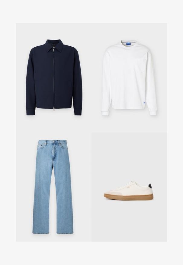 Marineblauwe ritsjack met kraag, lange mouwen, twee zijzakken en zilveren ritsluiting op een effen witte achtergrond.; Wit shirt met lange mouwen, ronde hals, borstzakje en een blauw merkembleem bij de kraag en onderzoom.; Lichtblauwe denim jeans met rechte pijpen, ontworpen met vijf zakken en een knoopsluiting bij de taille, weergegeven tegen een effen achtergrond.; Witte sneakers met beige accenten, bovenwerk van glad leer, ronde neus en rubberen gumzool, met een zwarte hieltab en subtiele branding.