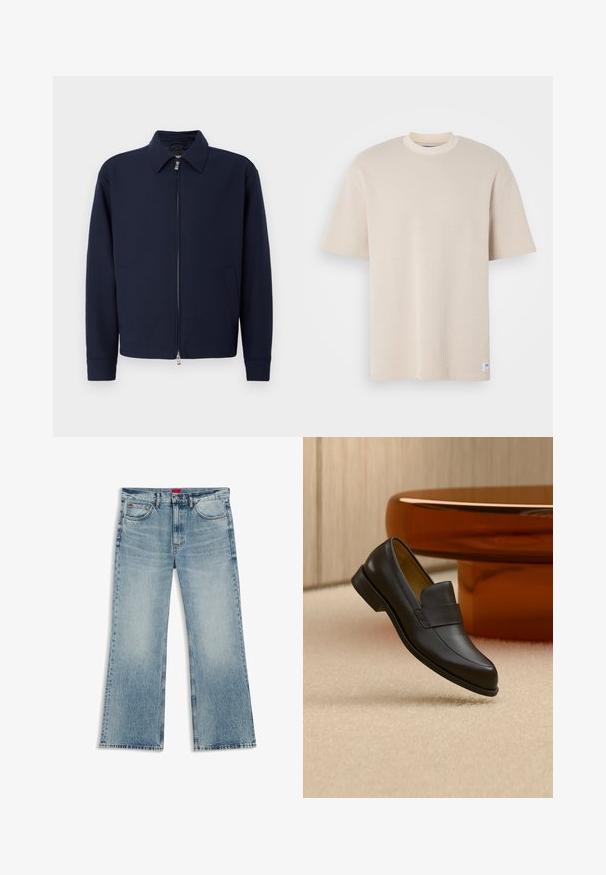 Mørkeblå zip-jakke med krave, lange ærmer, to sidelommer og sølvfarvet lynlås lukning på en ensfarvet hvid baggrund.; Beige ribbet t-shirt med rund hals og korte ærmer, der har et synligt mærkelabel i nederste venstre hjørne.; Lyseblå falmede denimjeans med lige ben, fem-lomme design, knaplukning og røde stofmærker på forreste linning og lomme.; Sort læder loafers med lav hæl svævende over beige tæppe ved rundt brunt bord.