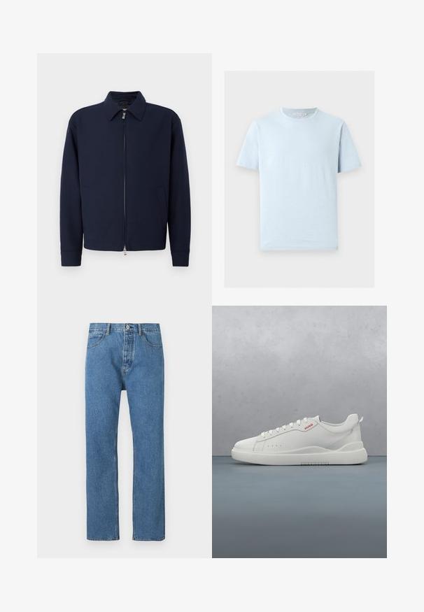 Veste zippée bleu marine avec col, manches longues, deux poches latérales et fermeture éclair argentée sur fond blanc uni.; T-shirt en coton bleu clair à manches courtes avec un col rond et un ourlet droit, présenté sur un fond clair uni.; Jean en denim bleu clair à coupe droite, avec cinq poches, une fermeture par bouton et des détails de couture subtils le long des coutures.; Sneaker blanche avec une finition en cuir lisse, bout rond, quatre œillets, perforations subtiles et un détail de logo rouge sur le côté.