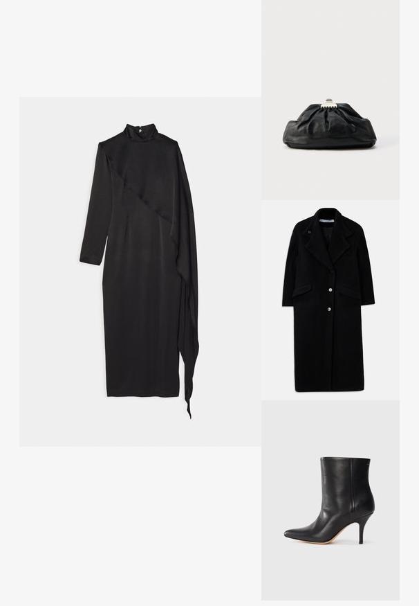 Lang sort uldfrakke med brede revers, tre forreste knapper, to klaplommer og lange ærmer.; Materiel SCARF DRESS - Gallakjole - black; Sort læder ankelstøvle med spids tå, slank stiletthæl og glat tekstur. Minimalistisk design uden synligt hardware eller accenter.; Sort læderclutch med en samlet tekstur, metal lukning og diskret præget logo på forsiden. Rundet form.