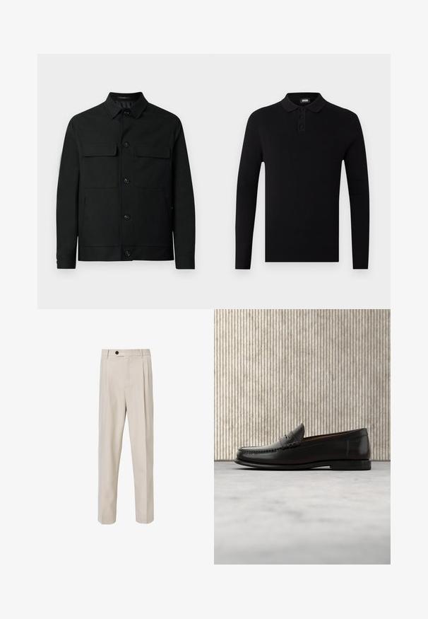Schwarze Jacke aus glattem Stoff mit kragenförmigem Halsausschnitt, zwei Brusttaschen und Knopfverschluss auf der Vorderseite.; Schwarzes Langarm-Polohemd mit gerippter Textur, Drei-Knopf-Leiste und weichem Kragen. Einfaches und vielseitiges Design.; Beige maßgeschneiderte Hose mit geradem Beinschnitt, vorderen Falten, Knopfverschluss und glatter Stoffstruktur.; Schwarzer Pennyloafer aus Leder mit niedrigem Absatz, abgerundeter Spitze und genähten Details vorne und an den Seiten, gezeigt vor neutralem Hintergrund.