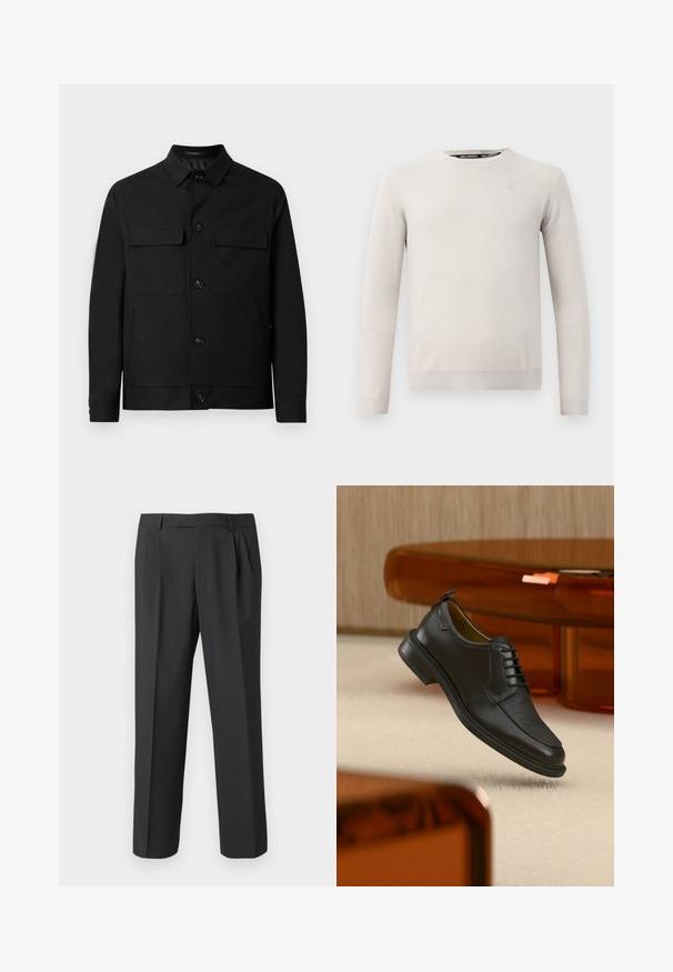 Schwarze Jacke aus glattem Stoff mit kragenförmigem Halsausschnitt, zwei Brusttaschen und Knopfverschluss auf der Vorderseite.; Hellbeige Pullover aus weichem Stoff, mit Rundhalsausschnitt, langen Ärmeln und gerippten Bündchen sowie Saum. Dezentes Logo-Detail auf der Brust.; Schwarze Hose aus glattem Stoff mit geradem Bein, plisseeartiger Vorderseite und Standardbund mit Gürtelschlaufen.; Schwarzer Leder-Schnürschuh mit texturierter Vorderseite, schwebend über beigem Teppich in einem modernen Raum mit bernsteinfarbenen Möbeln.