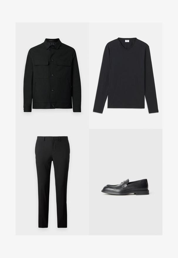 Sort jakke lavet af glat stof, med en kravehals, to brystlommer og knaplukninger foran.; Sort langærmet T-shirt med V-halsdesign, lavet af blødt stof, med lige snit og ingen synlige mønstre eller accenter.; Skræddersyede sorte bukser i et glat stof. Har et lige ben-design, frontfald og bæltestropper til justerbar størrelse.; Sorte læder loafers med en struktureret finish, der har en dekorativ frontrem og en rundet tå. Gummisål for holdbarhed.