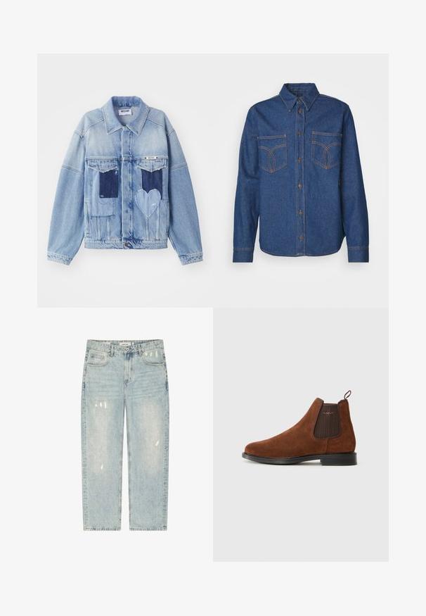Hele sinine denim jakk tumedate laigudega, sealhulgas südamestyle laigudega ees, ning nööpide sulgemisega, laotatud tasasele pinnale.; Tumed sinelokk särgid terava kraega, ees nupuga kinnitamine, kaks rinna taskut ja kontrastsete oranžide õmblusdetailidega.; Heledsinised sirge säärega teksad tuhmunud ja kulunud detailidega, esitaskud, vööaasad ning vöökoha kinnitamiseks nupp.; Pruunist sametist Chelsea saabas elastse küljeosaga, tagaküljel silmusling, must tald ja diskreetne "GANT" logo küljeosal.