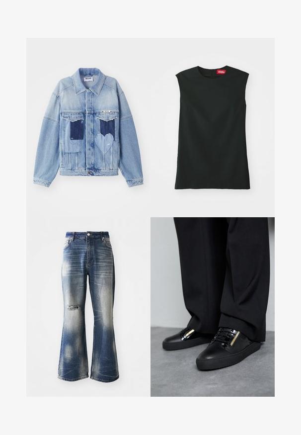 Hellblaue Jeansjacke mit dunkelblauen Patches, darunter ein herzförmiger Patch auf der Vorderseite und Knopfverschluss, flach ausgelegt.; Schwarzes, ärmelloses Oberteil mit rundem Ausschnitt, glattem Stoff und einem Reißverschluss im Rücken. Es hat ein kleines rotes Etikett mit dem "032c"-Logo am Hals.; Blaue Schlagjeans mit ausgewaschenen Bereichen und zerstörtem Knie-Detail. Aus Denim gefertigt, mit Knopfverschluss und Fünf-Taschen-Design.; Schwarze Ledersneakers mit glänzenden Akzenten, strukturierten Schnürsenkeln und einem Reißverschluss-Detail; kombiniert mit dunklen, locker sitzenden Hosen auf einem grauen Boden.