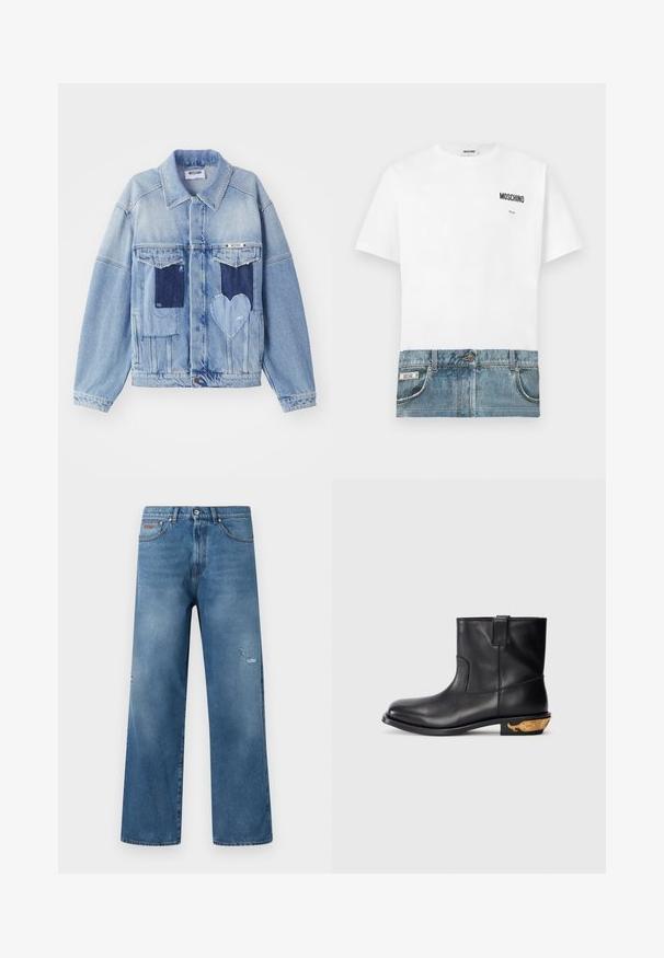 Lys blå denimjakke med mørkeblå lapper, herunder en hjerteformet lap på forsiden, og knaplukning, liggende fladt.; Hvid T-shirt med denimtryk nederst, med lommer og syninger. "Moschino"-logo trykt på øverste venstre side.; Blå denimjeans med lige ben, let slid på højre lår, fem-lomme stil og linning med knaplukning.; Sort læder ankelstøvle med en glat overflade, rund tå og et guldfarvet hvalmotiv på hælen. Minimalistisk design.