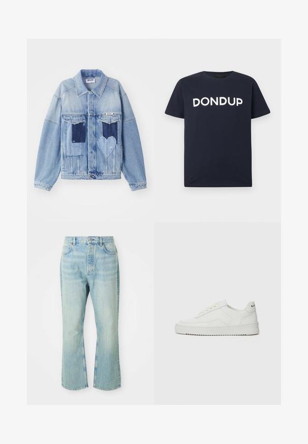 Hele sinine denim jakk tumedate laigudega, sealhulgas südamestyle laigudega ees, ning nööpide sulgemisega, laotatud tasasele pinnale.; Tumesinine lühikeste varrukatega T-särk valge "DONDUP" logoga, mis on rinnal keskel, ümmarguse kaelusega, lihtsa disainiga.; Heledad sinise denimi laiendid teksad kõrge vöökohaga, mis sisaldavad viit taskut, vöörihmasid ja määrdunud pesu tekstuuri.; Valge nahast tennis, millel on sile põhi, ümar varvas, lamedad nöörid ja tekstuuriline tall. Sisaldab diskreetset logo kontsaribal.