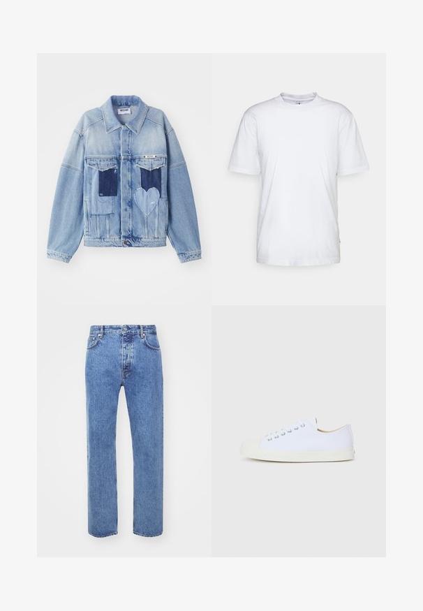 Lys blå denimjakke med mørkeblå lapper, herunder en hjerteformet lap på forsiden, og knaplukning, liggende fladt.; Hvid bomulds t-shirt med rund hals, korte ærmer og lige kant. Har et lille mærke på den venstre sidesøm.; Won Hundred STEVE - Jeans Relaxed Fit - cut blue; Hvide lærredssko med rund tå, gummikappe og flad sål. Har metaløjer og et enkelt snørebånddesign.