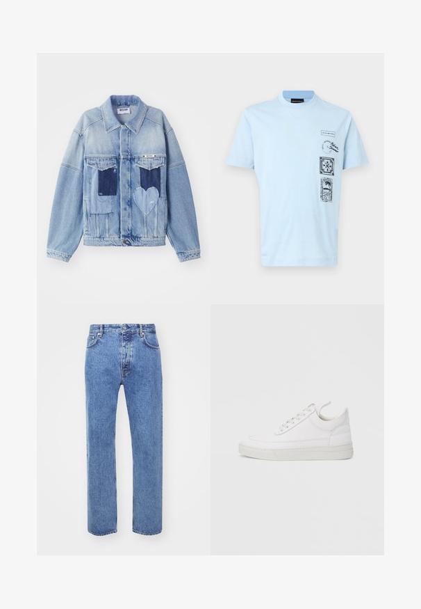 Hellblaue Jeansjacke mit dunkelblauen Patches, darunter ein herzförmiger Patch auf der Vorderseite und Knopfverschluss, flach ausgelegt.; Hellblaues T-Shirt mit kurzen Ärmeln und schwarzen Grafikstempeln, darunter eine Palme, florale Muster und der Schriftzug "Italian Summer" auf der vorderen rechten Seite.; Won Hundred STEVE - Jeans Relaxed Fit - cut blue; Weißer Ledersneaker mit abgerundetem Zehenbereich, flacher Sohle und Schnürverschluss. Verfügt über Nahtdetails und einen gepolsterten Kragen für zusätzlichen Komfort.