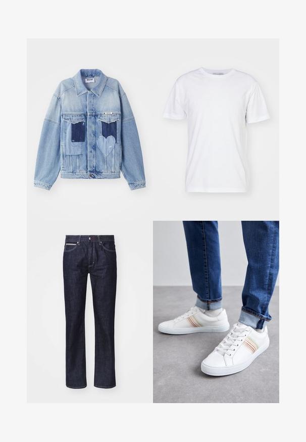 Hellblaue Jeansjacke mit dunkelblauen Patches, darunter ein herzförmiger Patch auf der Vorderseite und Knopfverschluss, flach ausgelegt.; Weißes Baumwoll-T-Shirt mit Rundhalsausschnitt, kurzen Ärmeln und geradem Schnitt. Keine Muster oder Verzierungen, glatte Textur und schlichtes Design.; Dunkelblaue Denim-Jeans mit geradem Schnitt, dezentem Kontraststich, fünf Taschen und einem Knopfverschluss an der Taille.; Weiße Leder-Sneaker mit mehrfarbigen Streifen, Schnürdesign, Gummisohle und gepolstertem Kragen, kombiniert mit blauen Jeans.