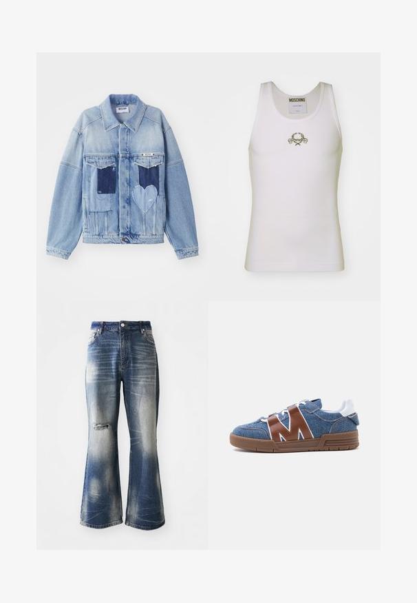 Lys blå denimjakke med mørkeblå lapper, herunder en hjerteformet lap på forsiden, og knaplukning, liggende fladt.; Hvid ribbet tanktop med et guldbroderet logo med dekorative accenter, rund halsudskæring og uden ærmer.; Blå flagrende jeans med falmede områder og slidte knædetaljer. Lavet af denim, med knaplukning og fem-lomme design.; Blå denim sneaker med brune læder M-formede stropper, hvide snørebånd, hvid hælkappe og brun gummisål vist fra siden.