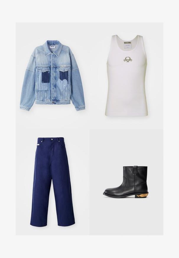 Lys blå denimjakke med mørkeblå lapper, herunder en hjerteformet lap på forsiden, og knaplukning, liggende fladt.; Hvid ribbet tanktop med et guldbroderet logo med dekorative accenter, rund halsudskæring og uden ærmer.; Bredde ben bukser i marineblå, lavet af blødt stof. Har en knaplukning og frontlommer, med en ren finish og ingen synlige mønstre.; Sort læder ankelstøvle med en glat overflade, rund tå og et guldfarvet hvalmotiv på hælen. Minimalistisk design.