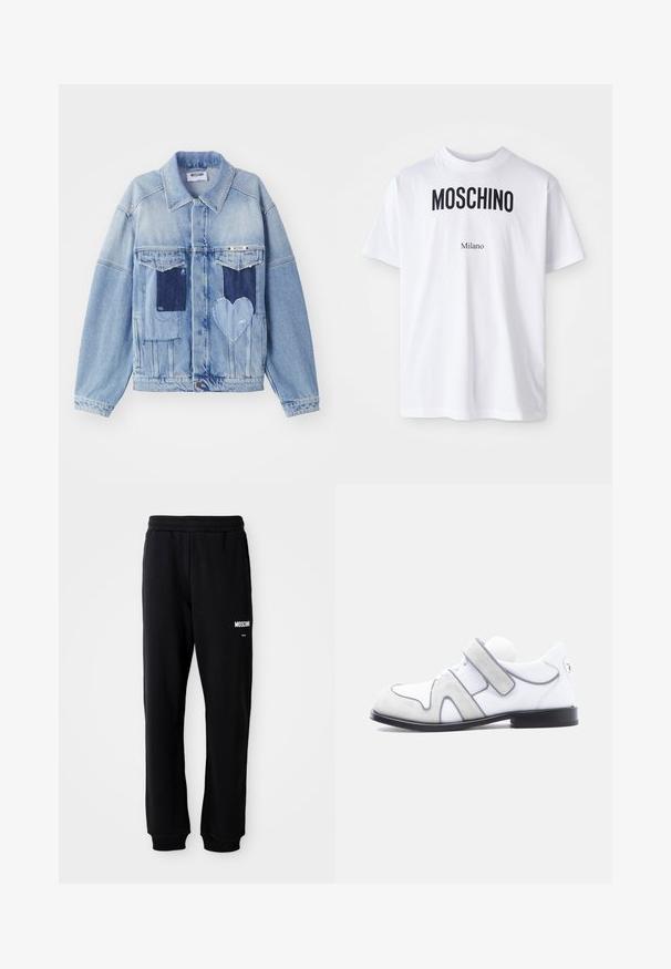 Hellblaue Jeansjacke mit dunkelblauen Patches, darunter ein herzförmiger Patch auf der Vorderseite und Knopfverschluss, flach ausgelegt.; Weißes Baumwoll-T-Shirt mit auffälligem schwarzen "MOSCHINO"-Text über kleinerem "Milano"-Text. Klassischer Rundhalsausschnitt und kurze Ärmel.; Schwarze Jogginghose mit lockerer Passform, aus weichem Stoff. Mit elastischem Bund und weißem "Moschino"-Logo auf dem linken Oberschenkel.; Weißer Leder- und grauer Wildleder-Herrenschuh mit schwarzer Sohle und einem einzelnen breiten Klettverschluss an der Seite.