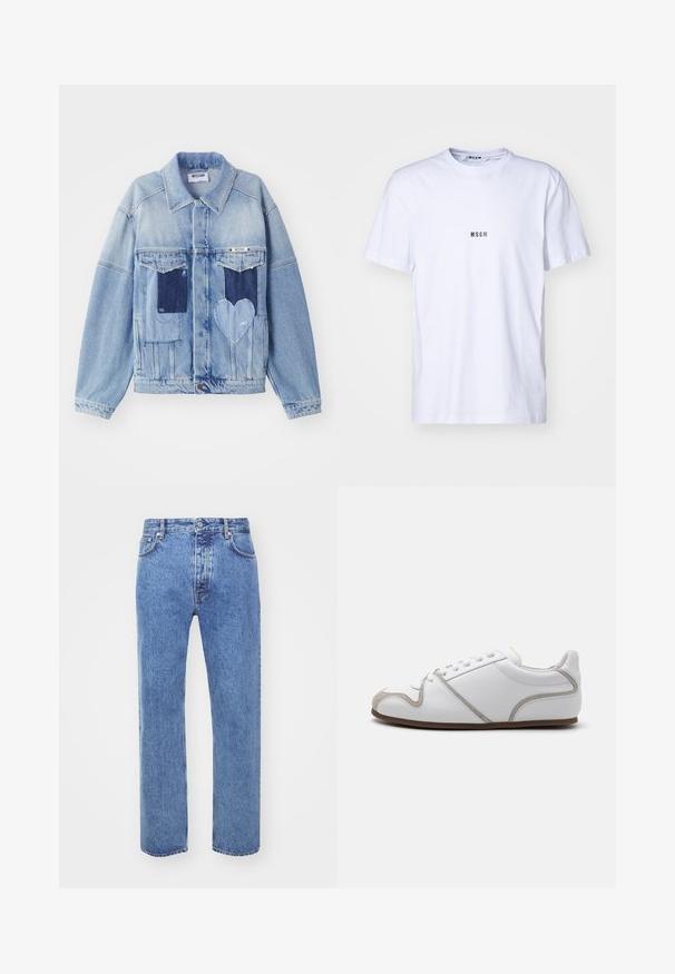 Lys blå denimjakke med mørkeblå lapper, herunder en hjerteformet lap på forsiden, og knaplukning, liggende fladt.; Hvid bomulds T-shirt med rund halsudskæring, korte ærmer og et lille sort "MSGM" logo trykt på forsiden. Glat tekstur.; Won Hundred STEVE - Jeans Relaxed Fit - cut blue; Hvide sneakers med en glat læderoverdel, grå ruskindsdetaljer og enkelt snøredesign. Skridsikker brun gummisål; minimalistisk stil.