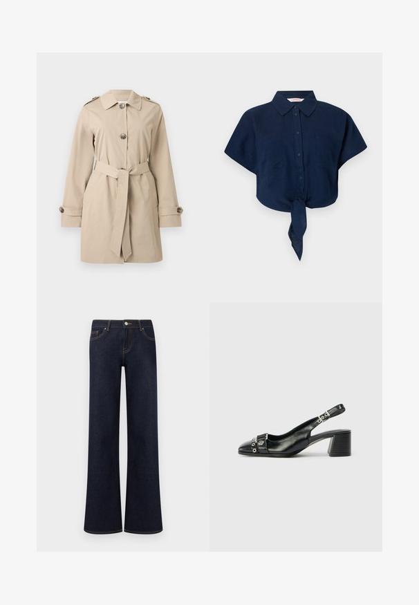 Beige knee-length trench coat with collar, three front buttons, belted waist, buttoned cuffs, and epaulets on shoulders.; Navy blue short-sleeve shirt made of lightweight fabric, featuring a collar, button front, two chest pockets, and a knotted hem detail.; Dark blue wide-leg denim jeans with front pockets, button and zipper closure, and visible contrast stitching.; Black leather slingback heel with a pointed toe, textured strap featuring circular metallic accents, and a stacked block heel.