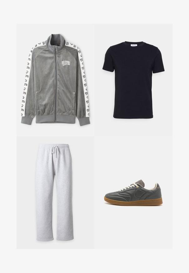 Billionaire Boys Club SMALL ARCH LOGO TAPED TRACK - Trainingsjacke - charcoal; Schwarzes T-Shirt mit kurzen Ärmeln und Rundhalsausschnitt, mit einem kleinen weißen Etikett auf der Innenseite des Kragens.; Hellgraue Sweatpants mit elastischem Bund und Kordelzug, geraden Beinen und Seitentaschen.; Dunkelgrauer Ledersneaker mit runder Zehenpartie, weißen Schnürsenkeln, brauner Gummisohle und dezenten grauen Stoffakzenten am Kragen. Goldenes Logo-Detail.