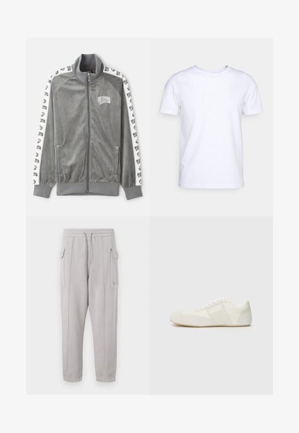 Billionaire Boys Club SMALL ARCH LOGO TAPED TRACK - Trainingsjacke - charcoal; Weißes T-Shirt mit kurzen Ärmeln aus Baumwollstoff und rundem Halsausschnitt. Schlichtes Design ohne Muster oder Akzente. Glatte Textur.; Graue Sweatpants mit elastischem Bund, Seitentaschen und vertikal gesteppten Details entlang der Beine. Aus Baumwollmischung gefertigt.; Weißer Sportschuh mit einem eleganten Design, ausgestattet mit einer Wildleder-Zehenkappe, Lederpaneelen und kontrastierenden strukturierten Akzenten. Flache Gummisohle.