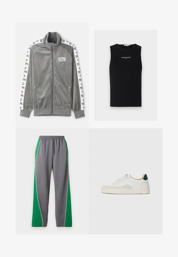 Billionaire Boys Club SMALL ARCH LOGO TAPED TRACK - Trainingsjacke - charcoal; Schwarzes ärmelloses geripptes Tanktop mit weißem "MAISON KITSUNÉ PARIS"-Logo mittig auf der Brust, runder Ausschnitt.; Graue Trainingshose mit breiten grünen Seitenstreifen und weißer Paspelierung, elastischem Bund mit Kordelzug und dezentem Schriftzug am rechten Oberschenkel.; Weiße Sneaker mit Wildlederelementen, runder Zehenpartie, flachen Schnürsenkeln und einer cremefarbenen Gummisohle. Mit grünen Markenlogo am Fersenbereich.