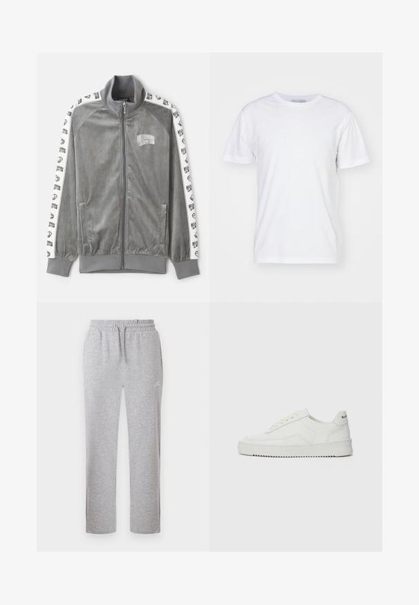 Billionaire Boys Club SMALL ARCH LOGO TAPED TRACK - Trainingsjacke - charcoal; Weißes Baumwoll-T-Shirt mit Rundhalsausschnitt, kurzen Ärmeln und geradem Schnitt. Keine Muster oder Verzierungen, glatte Textur und schlichtes Design.; Hellgraue Jogginghose mit elastischem Bund und Kordelzug, mit kleinem weißem Logo am oberen Oberschenkel, frontal dargestellt.; Weiße Ledersneaker mit glatter Oberfläche, runder Zehenpartie, flachen Schnürsenkeln und strukturiertem Sohlenprofil. Mit einem dezenten Logo an der Ferse.