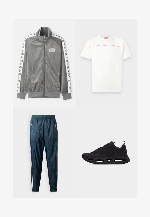Billionaire Boys Club SMALL ARCH LOGO TAPED TRACK - Verryttelytakki - charcoal; Valkoinen Diesel T-paita lyhyillä hihoilla, jossa ohut punainen viiva rinnalla ja punainen Diesel-logotagi pääntiellä.; Tuulihousut tummanvihreinä, joissa on sileä pinta, hienovarainen kuvio, valkoiset sivuraidat ja vetoketjulliset taskut. Elastinen vyötärönauha.; Musta urheilukenkä, jossa on teksturoitu päällinen, nauhallinen malli, vetokorvat kielekkeessä ja kannassa sekä muotoiltu pohja, jossa on leikkausaukkoja.
