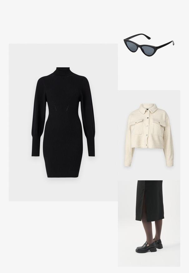 Veste en polaire couleur crème avec un design court, fermeture à boutons, deux poches avant et un col classique. Tissu doux et texturé.; Robe noire en maille côtelée avec un col haut, des manches bouffantes longues et une silhouette ajustée. Présente des détails de design subtils au niveau de la poitrine.; Femme portant des mocassins noirs à talons épais, des collants noirs transparents et une jupe noire fendue à l'arrière sur fond blanc.; Lunettes de soleil noires en forme d'œil de chat avec des verres gris foncé, monture en plastique élégante, coins pointus et branches droites. Pas de métal visible ni d'accents.