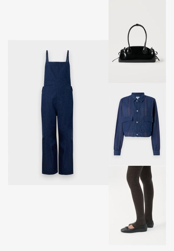 Tumed denimjakk tumesinises, vertikaalsete triipudega, nööbikinnitusega ja kahe rinnataskuga. Tekstureeritud kangas kerge läikega.; Tumed denim üleüldised püksid laia säärega, reguleeritavate rihmade ja küljetaskutega, millel on puhas, minimalistlik disain ja sile tekstuur.; Jalad seljas tumedad soonelises soonelises kombines mustade baleriinadega, millel on väikesed paelade detailid valgel taustal.; Väike must läikiv käekott kahe pika sangaga ja külgedel paelakinnitustega, ühel lihtsal helel taustal.