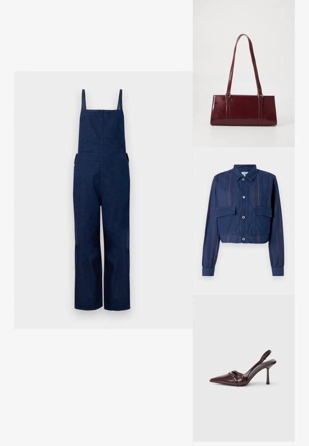 Afskåret denimjakke i mørkeblå med lodrette striber, knaplukning og to brystlommer. Teksturret stof med let glans.; Marineblå denim overalls med brede ben, justerbare stropper og sidelommer, der har et rent, minimalistisk design og en glat tekstur.; Bourgogne laklæder slingback-hæl med spids tå, tynd ankelrem og lille dekorativ spænde. Glat tekstur og høj hæl.; Bordeaux håndtaske lavet af glansfuldt materiale, rektangulær form, med to skulderremme og subtile buede detaljer på forsiden.
