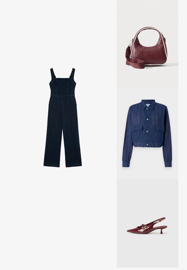 Afskåret denimjakke i mørkeblå med lodrette striber, knaplukning og to brystlommer. Teksturret stof med let glans.; Mørkeblå denim jumpsuit med vide ben, uden ærmer og med forlommer, vist mod en hvid baggrund.; Burgunderfarvet patenteret lædersko med åben hæl og spids tå, to flade stropper med guldspænder og en lille hæl.; Mørkerød vævet lædertaske med buet hank, hvid kant, sølv lynlås og aftagelig bred stofskulderrem mod en ensfarvet baggrund.