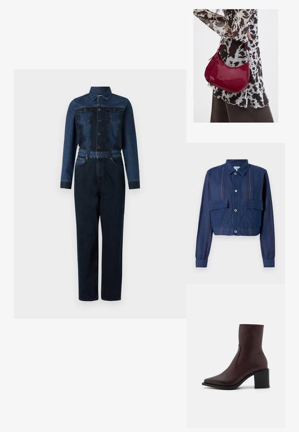 Tumed denimjakk tumesinises, vertikaalsete triipudega, nööbikinnitusega ja kahe rinnataskuga. Tekstureeritud kangas kerge läikega.; Sinine teksajumpsuit, millel on tumedat sinist värvi, pikad varrukad, nööbiga esiosa, krae ja vöödiga talje ning kaks rinna-taskut.; Zign LEATHER - Klassikalised poolsaapad - bordeaux; Naine, kes kannab must-valget mustriga pluusi ja hoiab läikivat punast õlakotti ühevärvilise tausta ees.